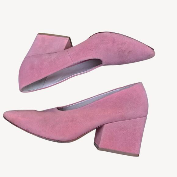 Pink Suede Pumps Loeffler Randall Size 7 Chunky Heel Pointed Toe Leather Sole - Picture 12 of 12